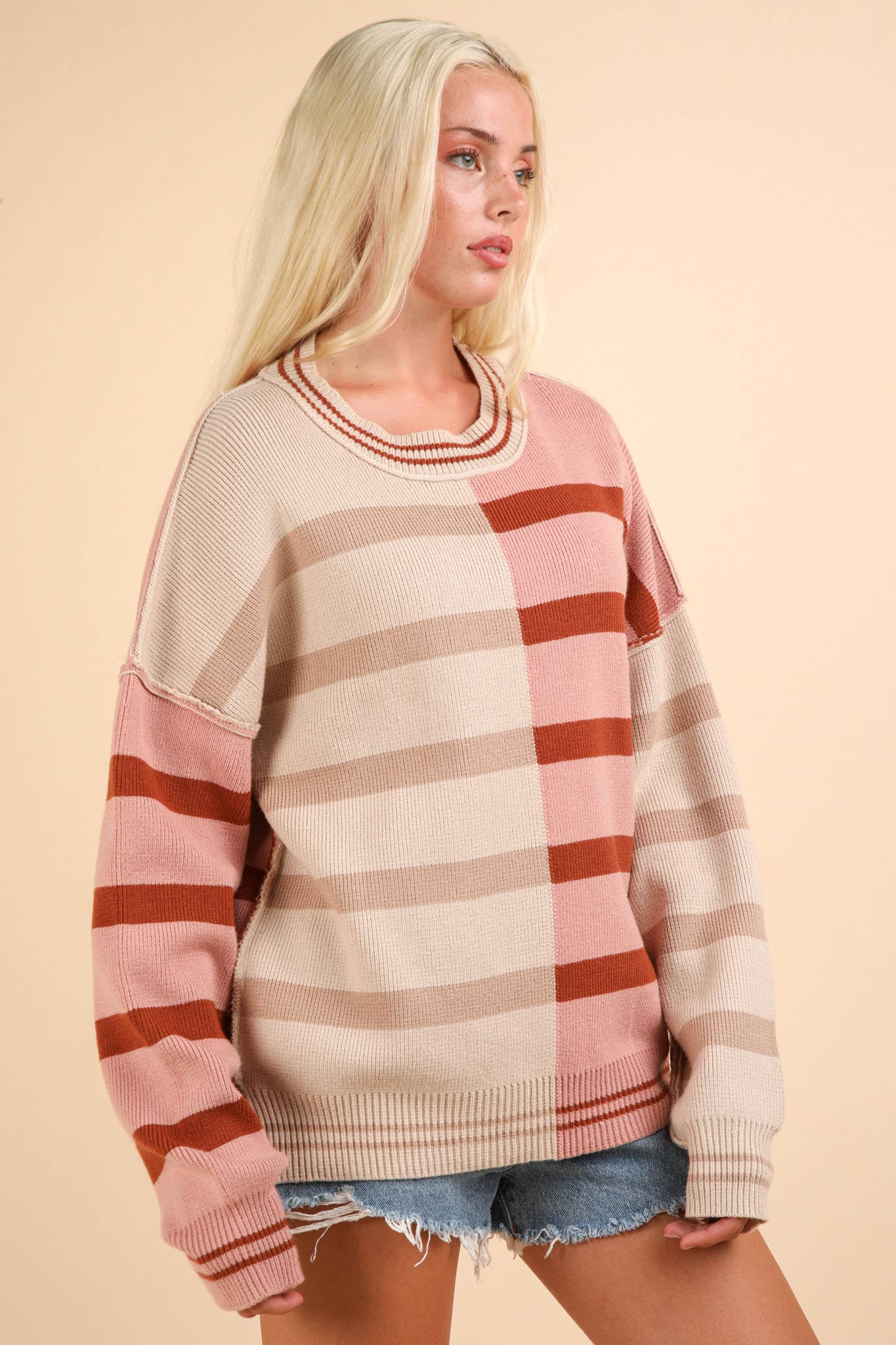 12W3185N-Color Block Oversized Striped Knit Sweater Top: ECRU / S-M-L/2-2-2