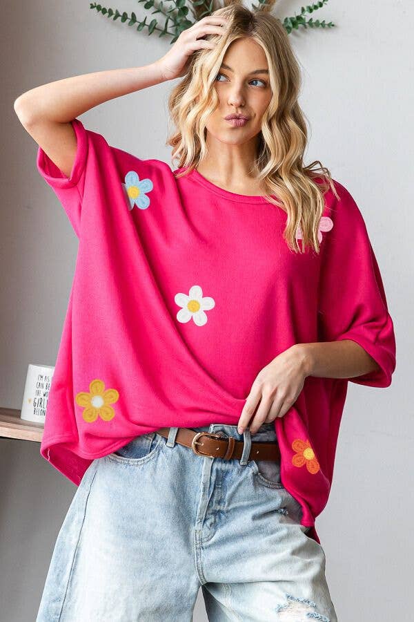 Western Crochet Floral Patch Top in Plus Size- HTP12451: Blue / 1XL