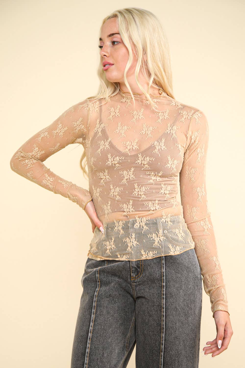 NT11909-High Neck Fitted Sheer Mesh Lace Knit Top: FLORAL BLACK / S-M-L/2-2-2