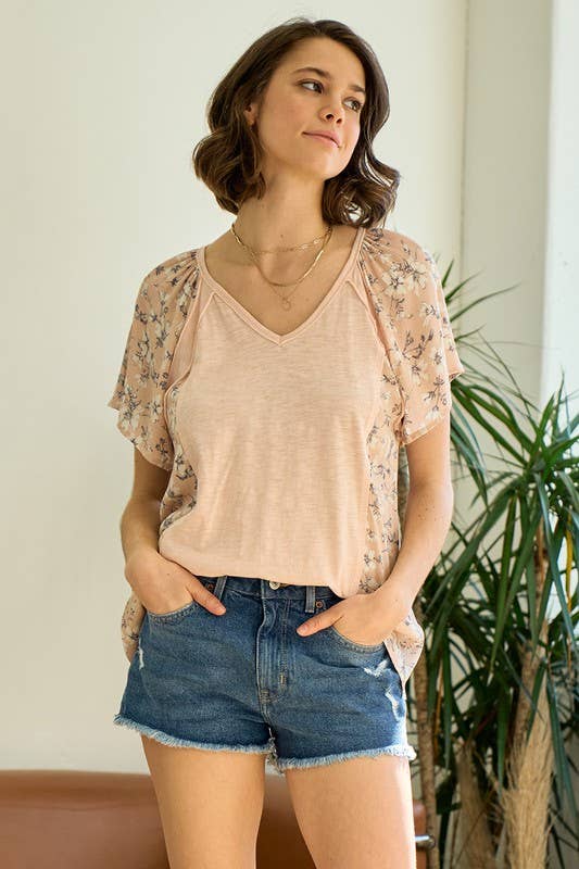 Mixed Media Ruffle Sleeve Top With Raw Edge Seams - 15159T-1: S / Peach Blossom