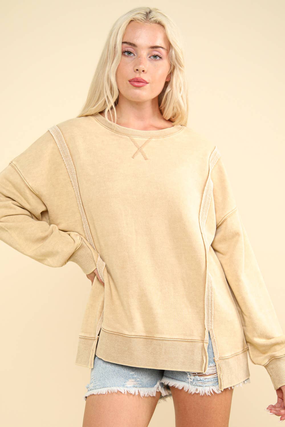 NT11399-Mineral Washed French Terry Oversized Knit Top: Black / S-M-L/2-2-2