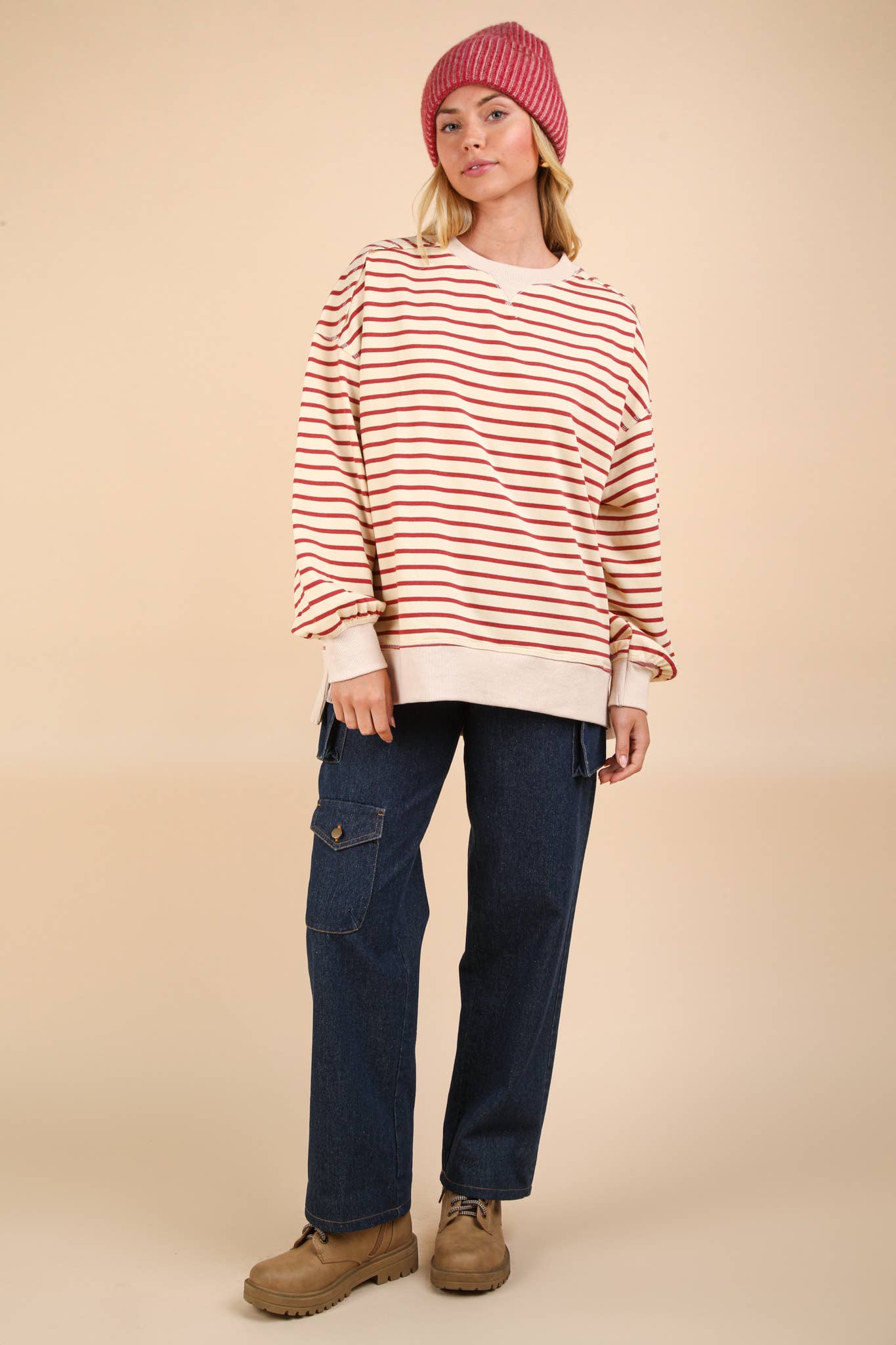 NT11927-Stripe Comfy Casual Oversized Knit Top: BLACK/WHITE / S-M-L/2-2-2