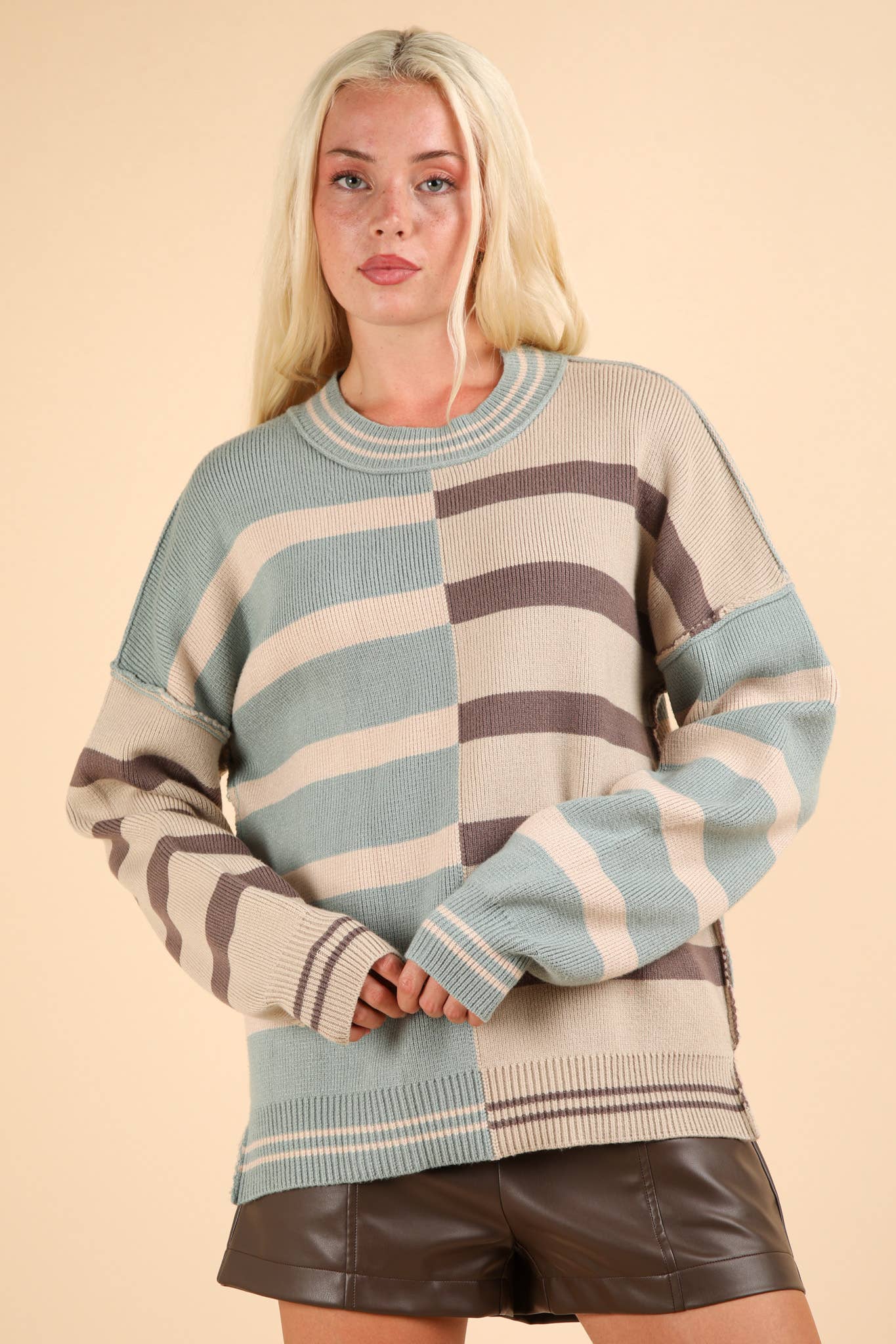 12W3185N-Color Block Oversized Striped Knit Sweater Top: ECRU / S-M-L/2-2-2