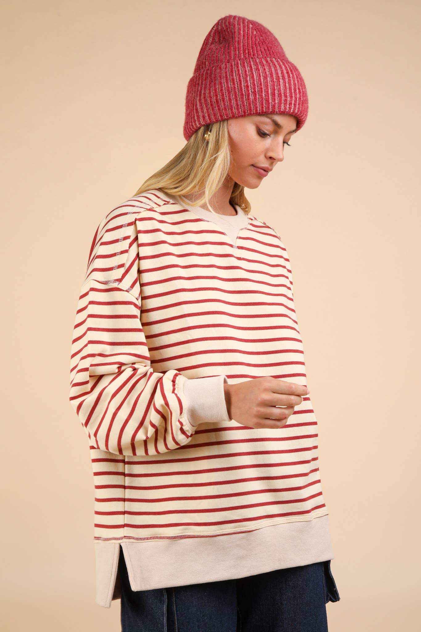 NT11927-Stripe Comfy Casual Oversized Knit Top: BLACK/WHITE / S-M-L/2-2-2