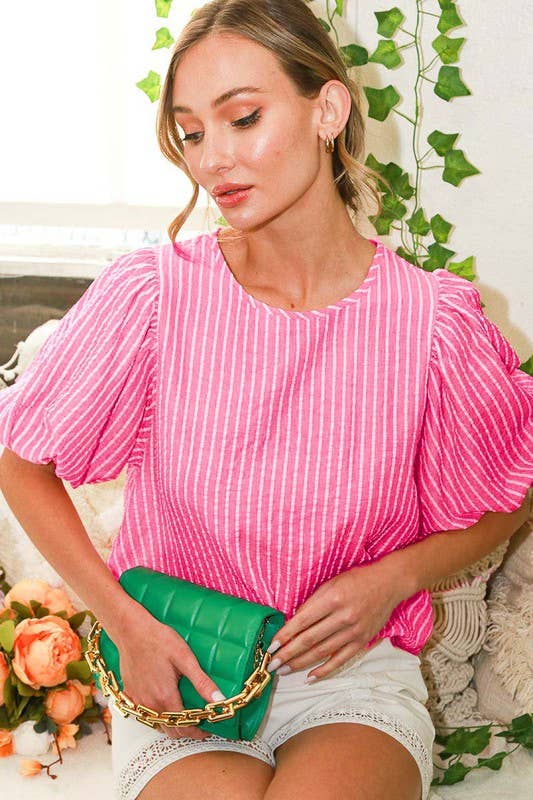 R-neck puff short sleeve stripe seersucker top VT81594A: M / Orange