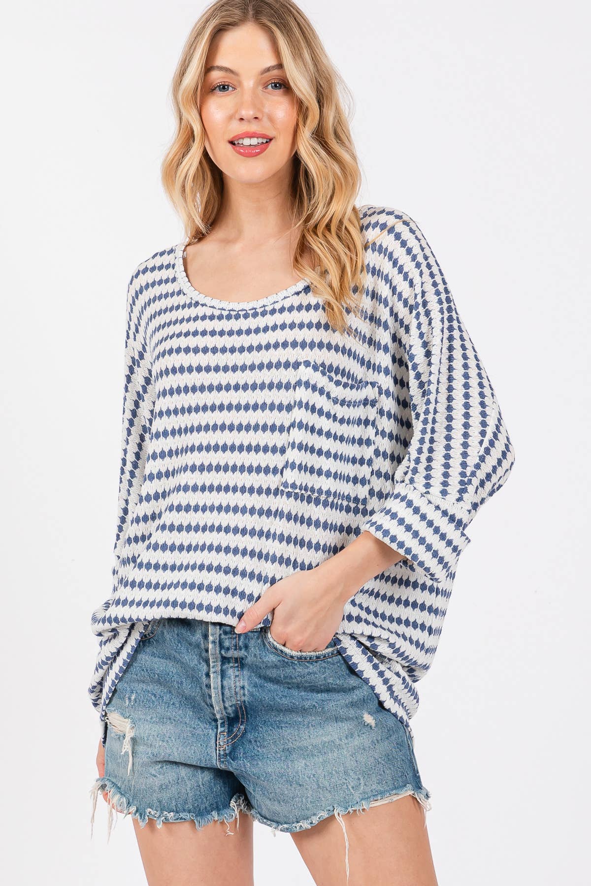 Knit Striped Round Neckline Top / TY12894SB: BLACK / S-M-L-XL (2-2-2-2)
