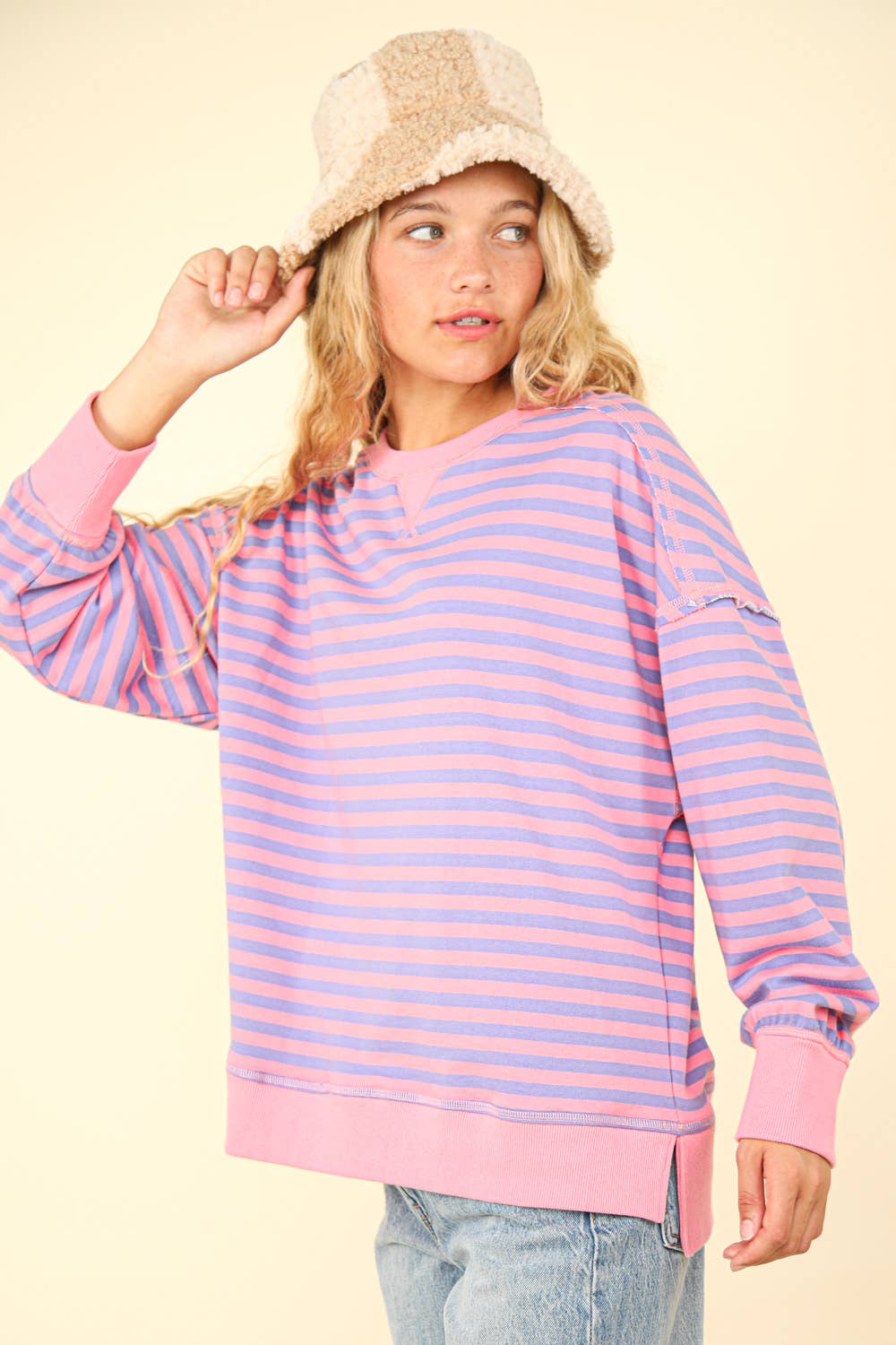 NT11927-Stripe Comfy Casual Oversized Knit Top: BLACK/WHITE / S-M-L/2-2-2