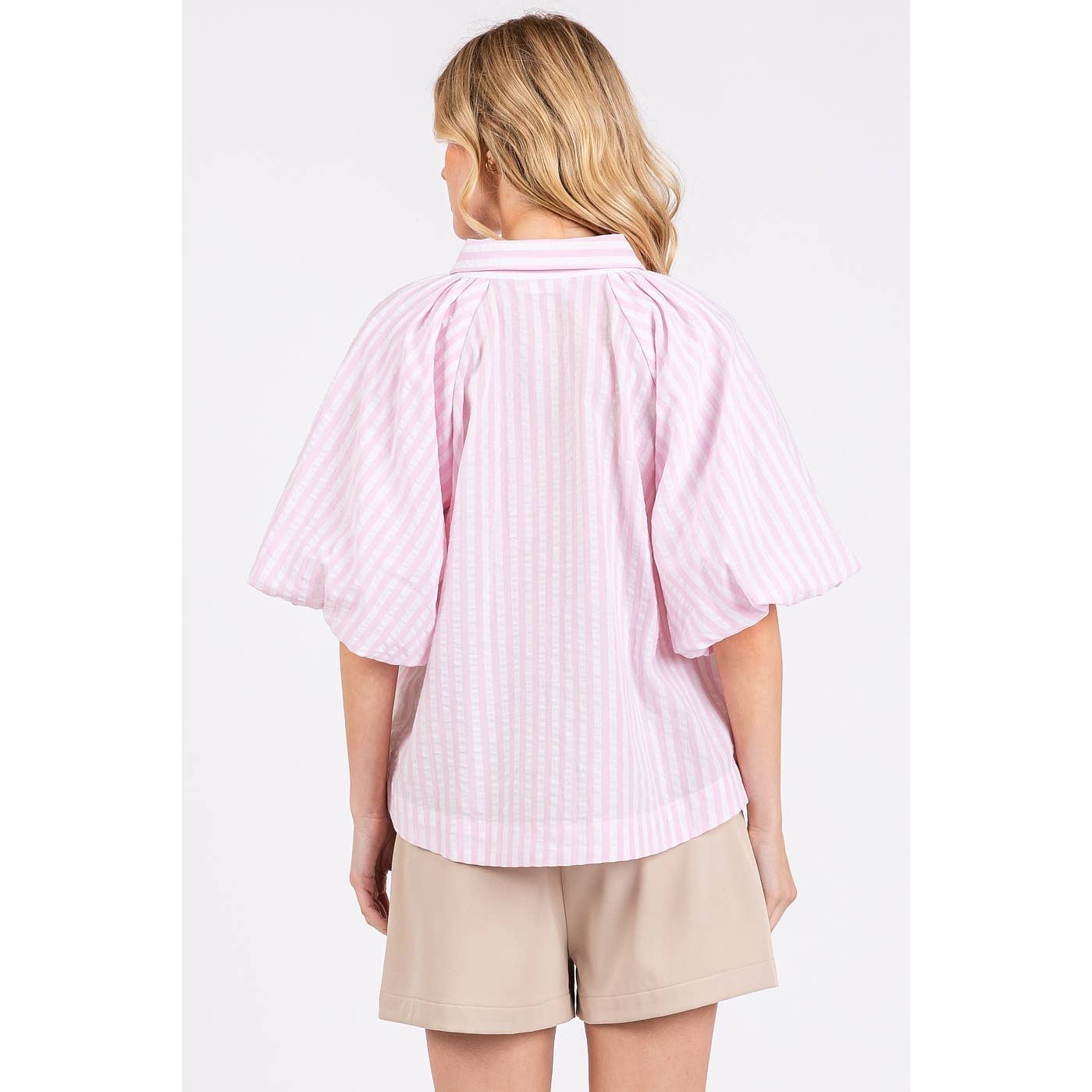 STRIPED PRINT SHORT PUFF SLEEVE BUTTON UP SHIRT: MUSTARD / M