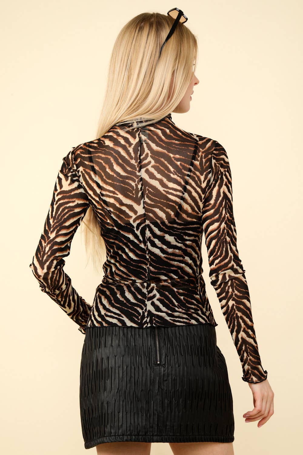 NT11909-High Neck Fitted Sheer Mesh Lace Knit Top: FLORAL BLACK / S-M-L/2-2-2