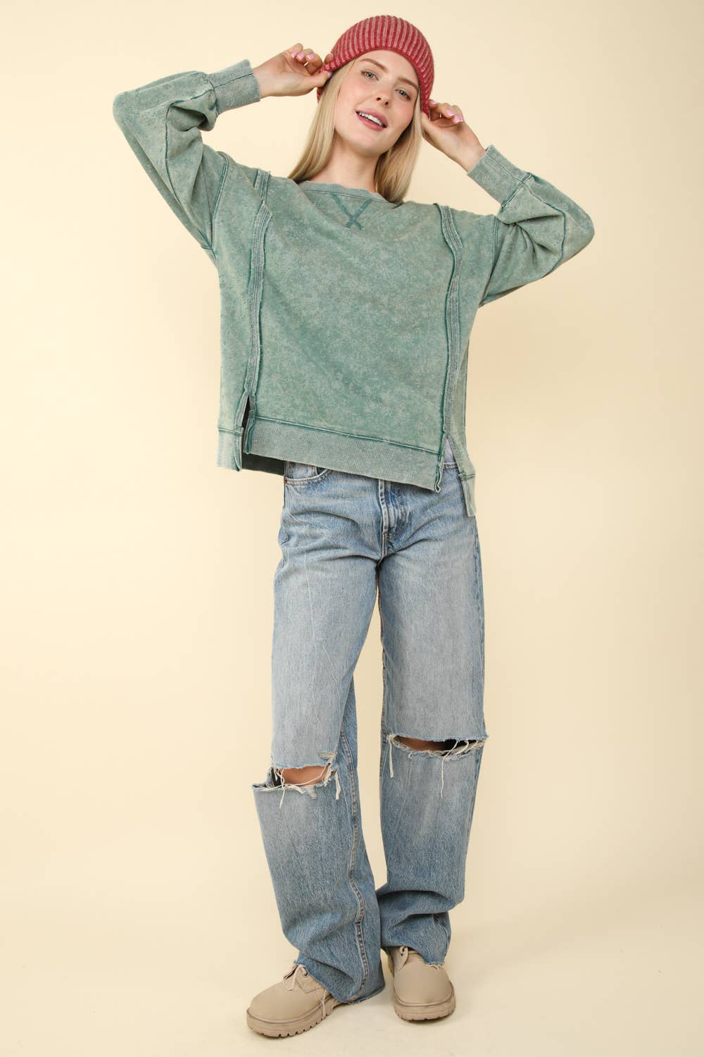 NT11399-Mineral Washed French Terry Oversized Knit Top: Black / S-M-L/2-2-2