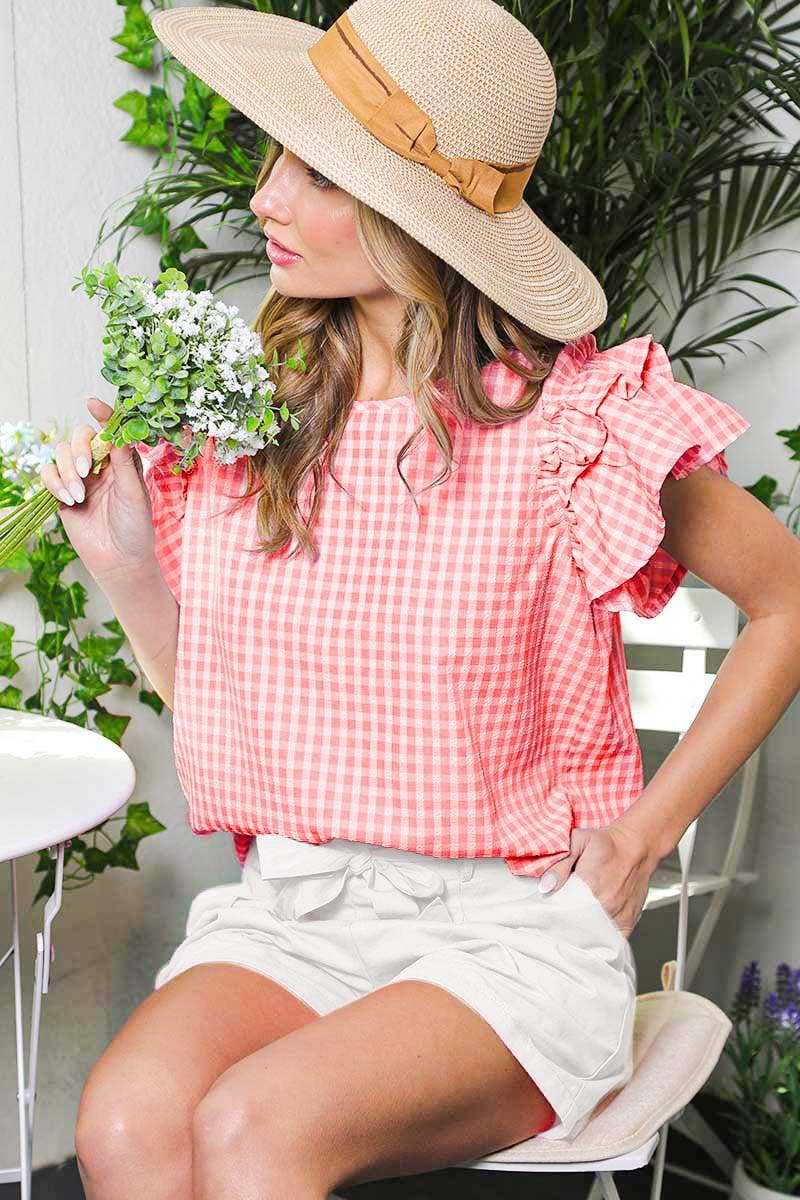 Ruffle Sleeve Gingham Printed Woven Blouse Top VT81609A: L / BLUE