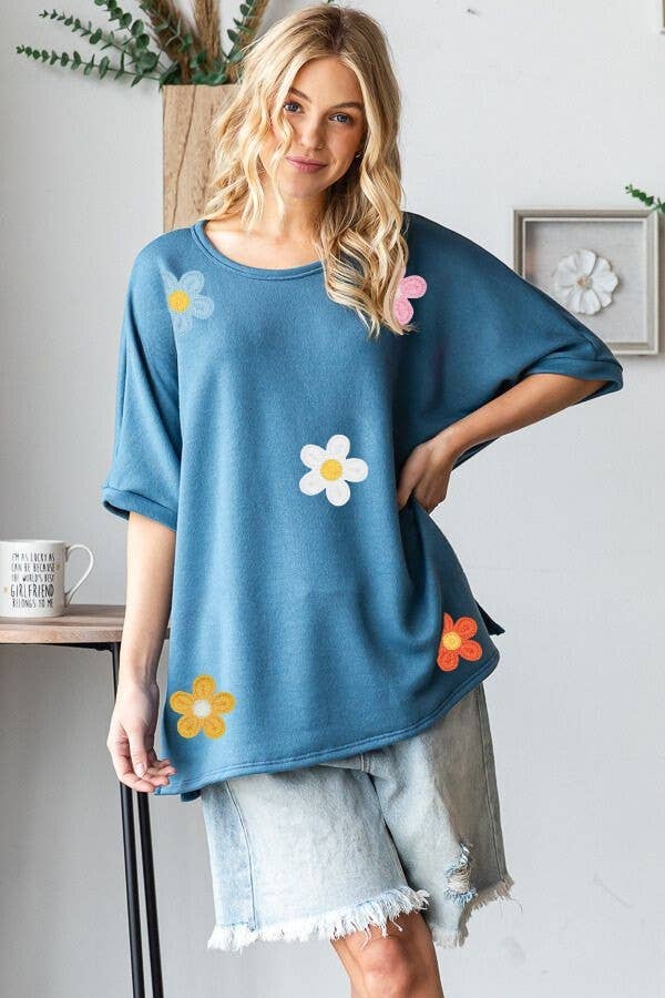 Western Crochet Floral Patch Oversized Top- HT12451 : Blue / L