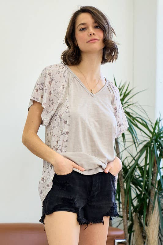 Mixed Media Ruffle Sleeve Top With Raw Edge Seams - 15159T-1: L / Peach Blossom