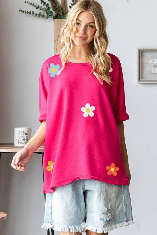 Western Crochet Floral Patch Oversized Top- HT12451 : Blue / L