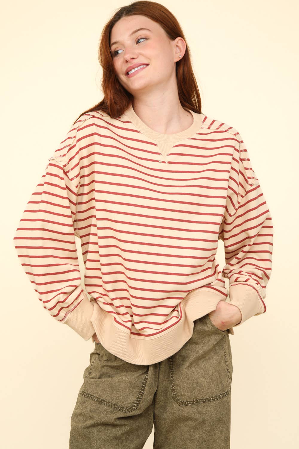 NT11927-Stripe Comfy Casual Oversized Knit Top: PINK/PURPLE / S-M-L/2-2-2