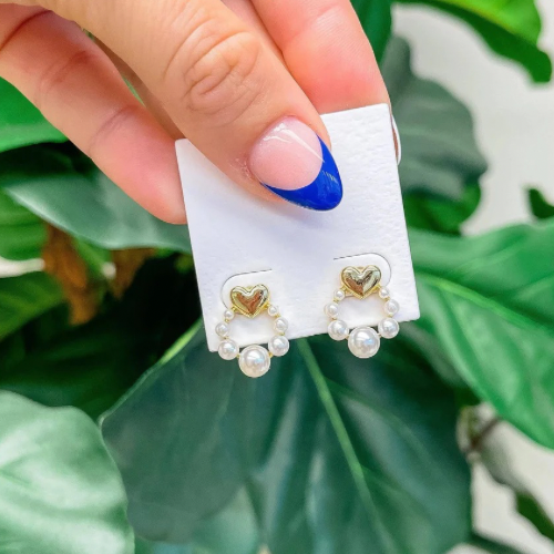 Heart & Pearl Circle Stud Earrings