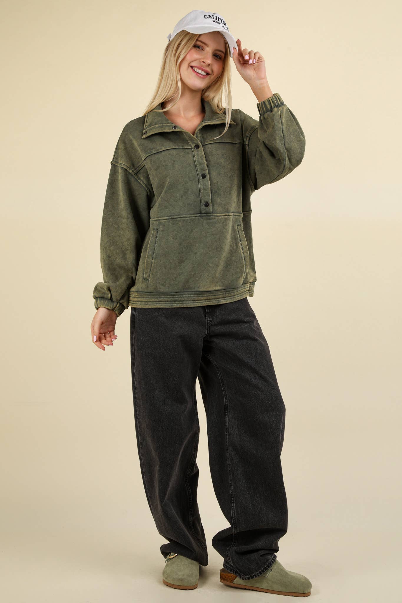 NT11902-Mineral Washed Button Down Knit Sweatshirt Top: DENIM / S-M-L/2-2-2
