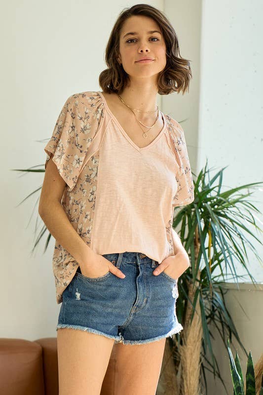 Mixed Media Ruffle Sleeve Top With Raw Edge Seams - 15159T-1: S / Peach Blossom