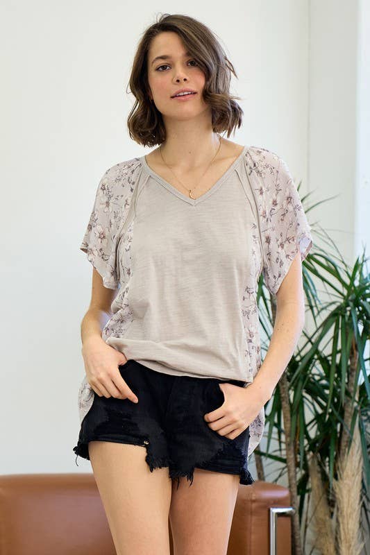 Mixed Media Ruffle Sleeve Top With Raw Edge Seams - 15159T-1: L / Peach Blossom
