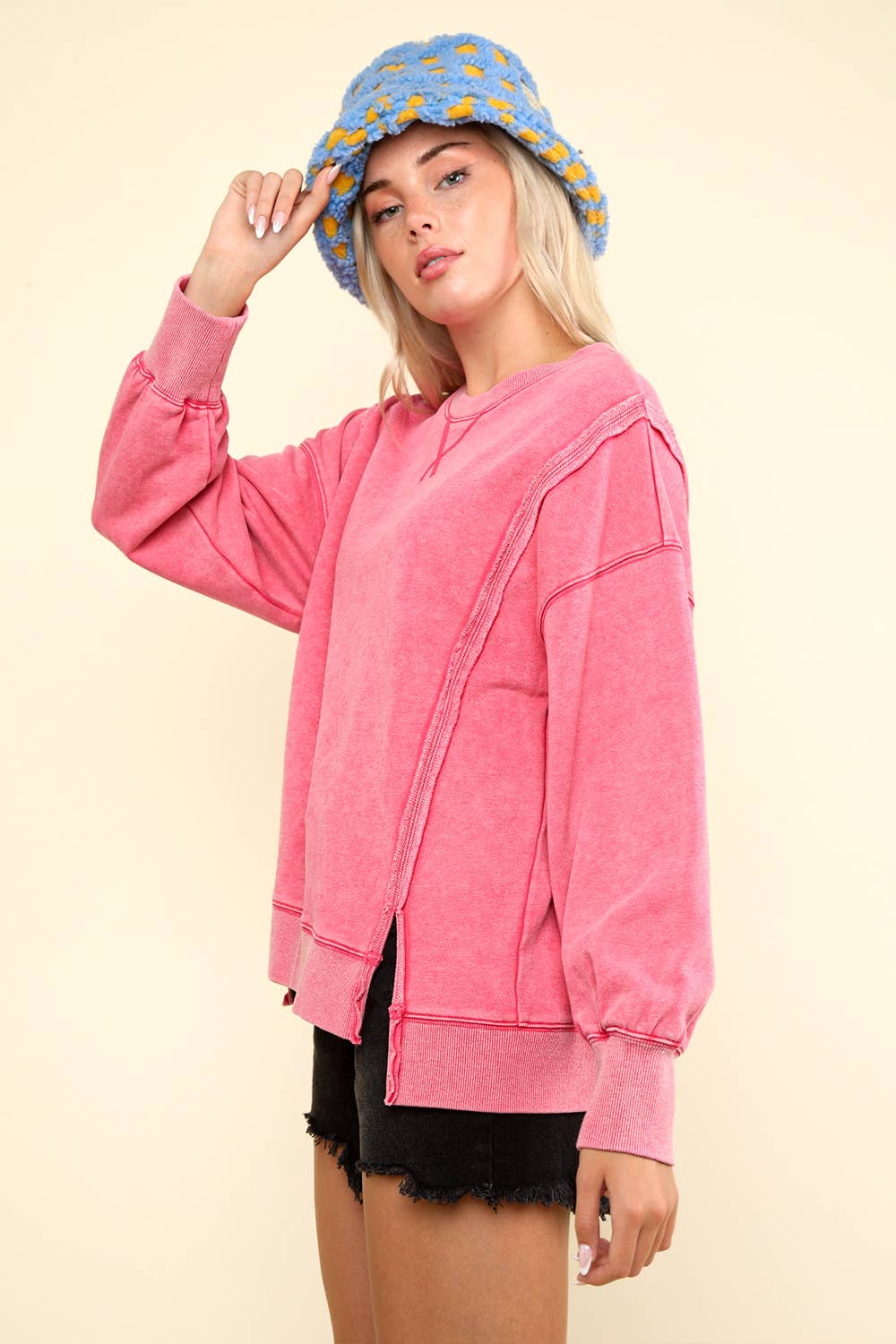 NT11399-Mineral Washed French Terry Oversized Knit Top: Black / S-M-L/2-2-2