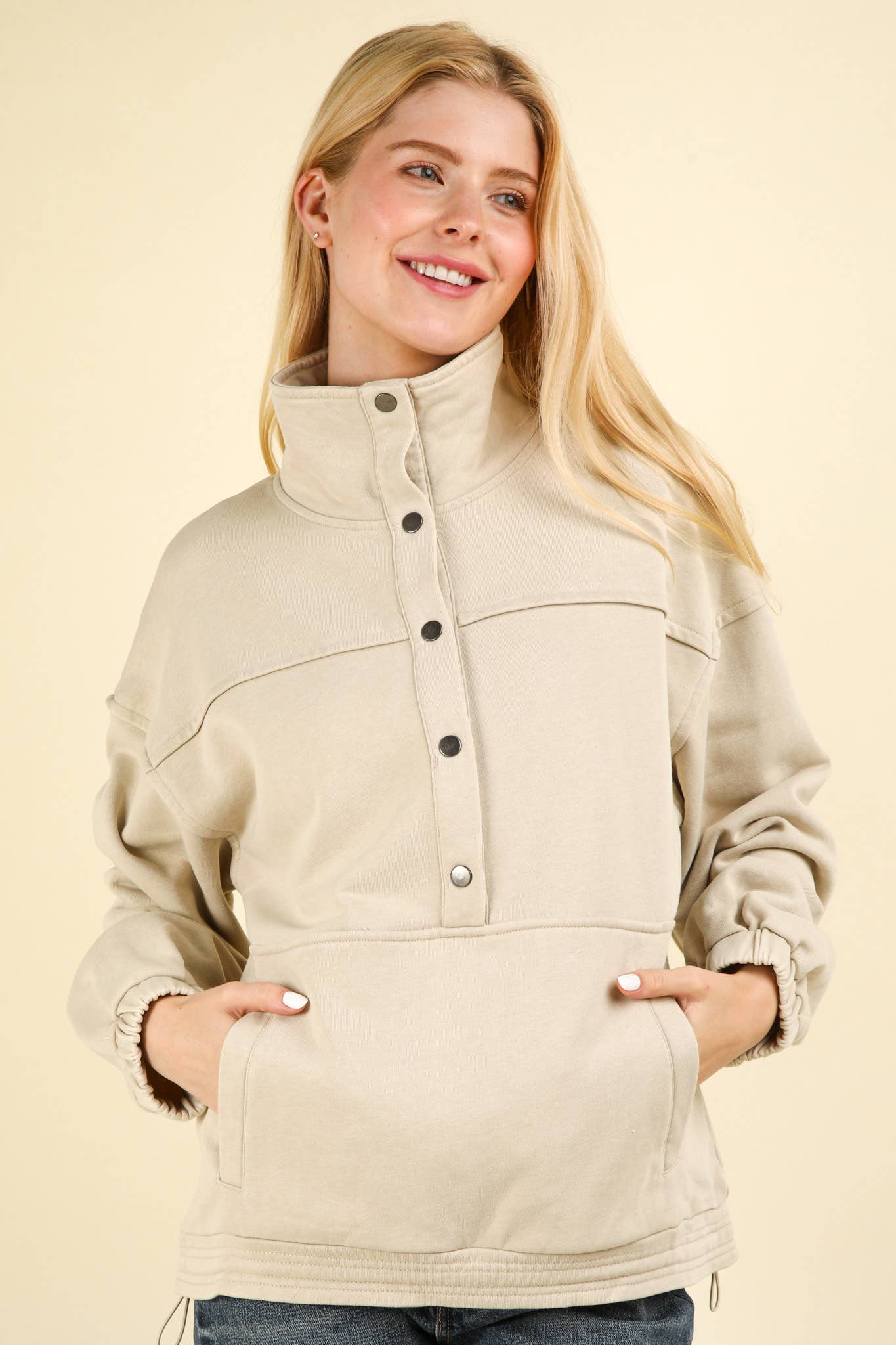 NT11902-Mineral Washed Button Down Knit Sweatshirt Top: DENIM / S-M-L/2-2-2