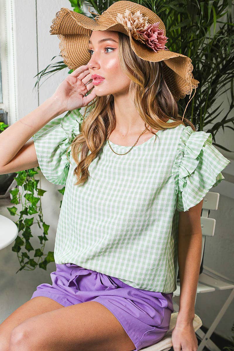 Ruffle Sleeve Gingham Printed Woven Blouse Top VT81609A: L / BLUE