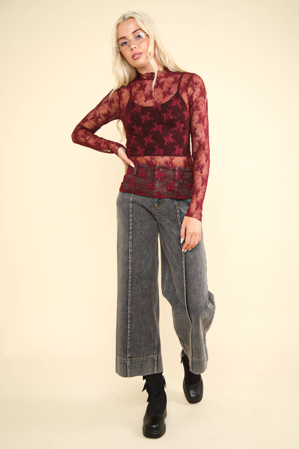 NT11909-High Neck Fitted Sheer Mesh Lace Knit Top: FLORAL BLACK / S-M-L/2-2-2