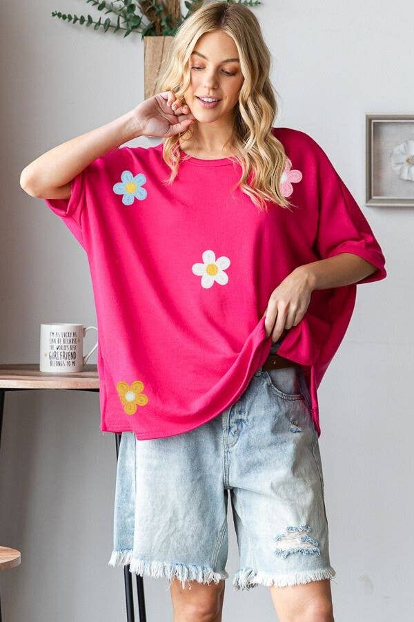Western Crochet Floral Patch Oversized Top- HT12451 : Blue / L