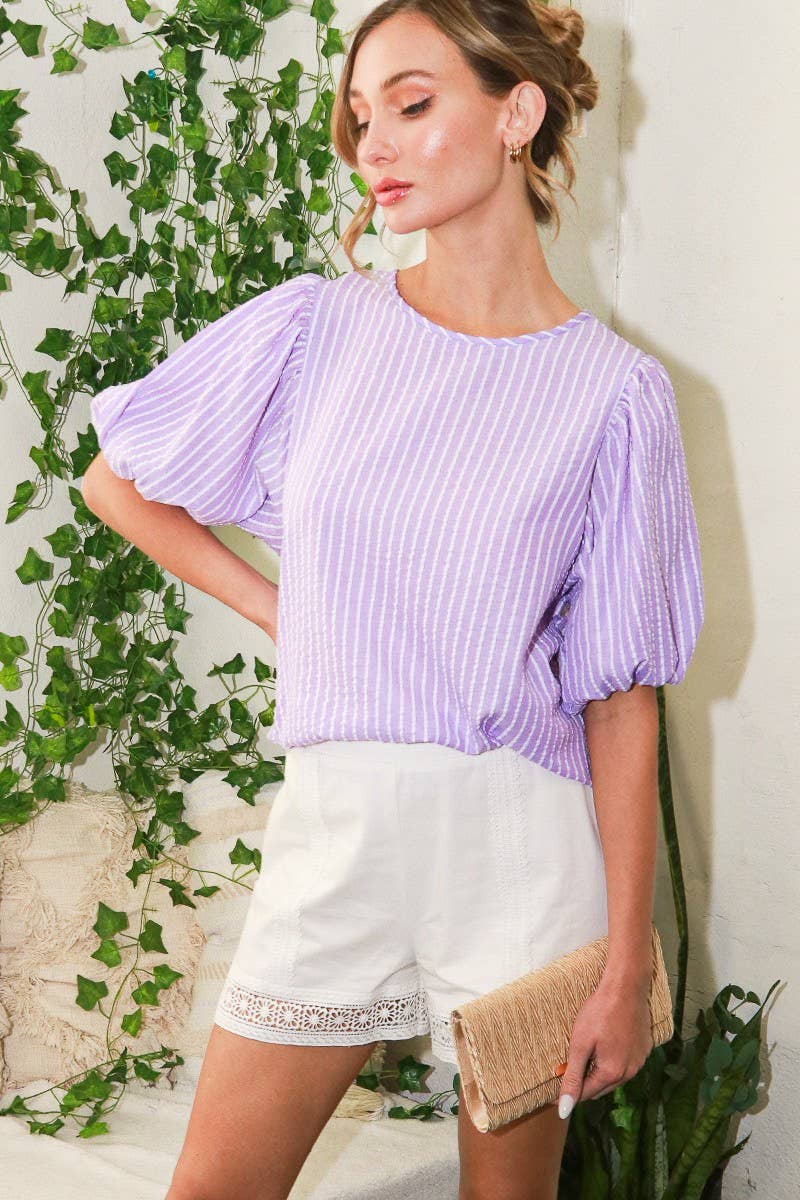 R-neck puff short sleeve stripe seersucker top VT81594A: M / Orange
