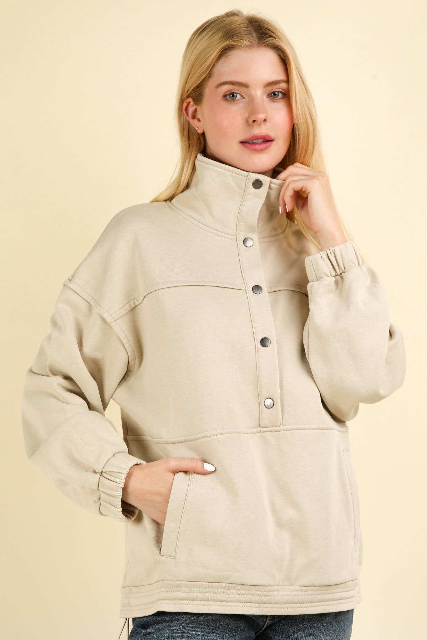 NT11902-Mineral Washed Button Down Knit Sweatshirt Top: DENIM / S-M-L/2-2-2