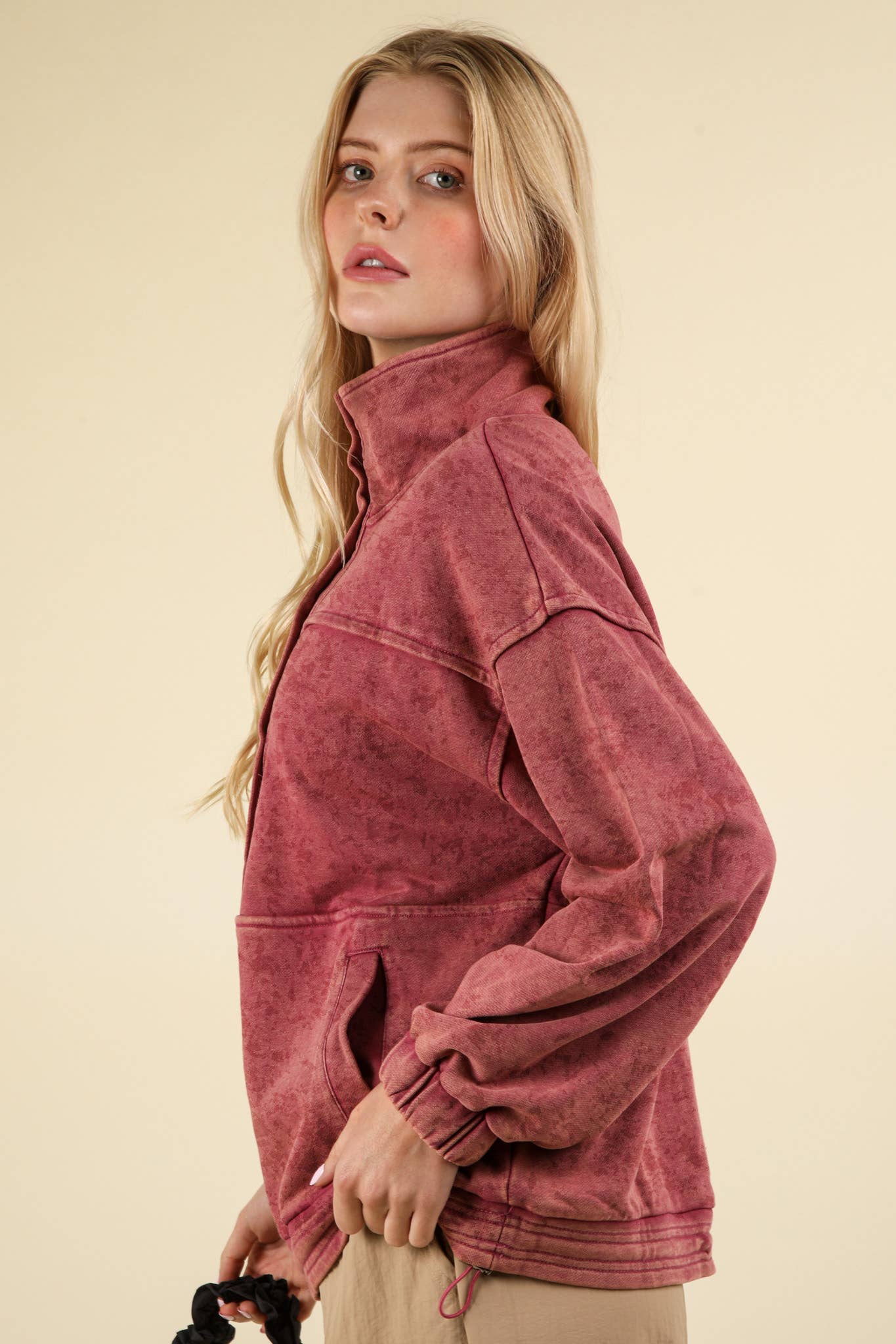 NT11902-Mineral Washed Button Down Knit Sweatshirt Top: DENIM / S-M-L/2-2-2