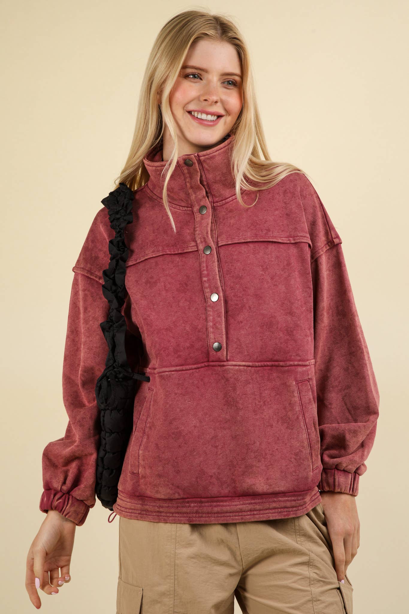 NT11902-Mineral Washed Button Down Knit Sweatshirt Top: DENIM / S-M-L/2-2-2