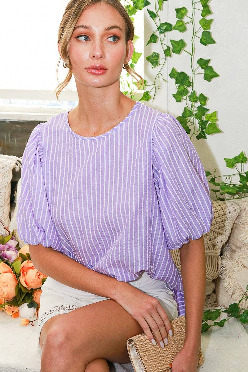 R-neck puff short sleeve stripe seersucker top VT81594A: L / Orange