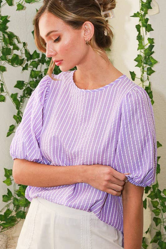 R-neck puff short sleeve stripe seersucker top VT81594A: M / Orange