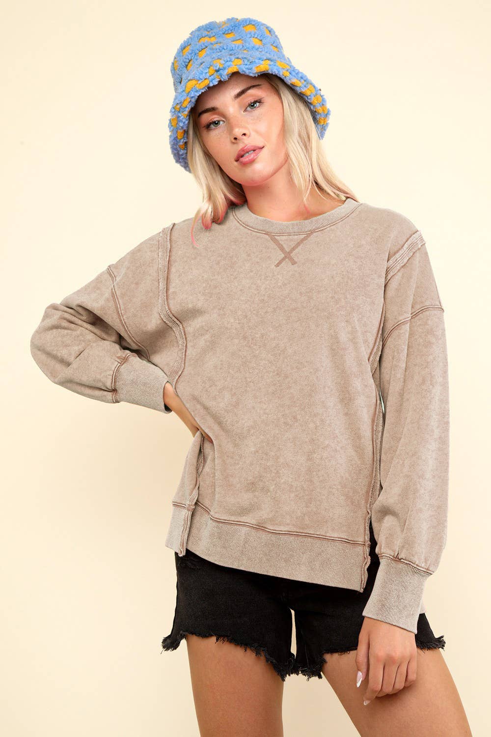 NT11399-Mineral Washed French Terry Oversized Knit Top: Black / S-M-L/2-2-2