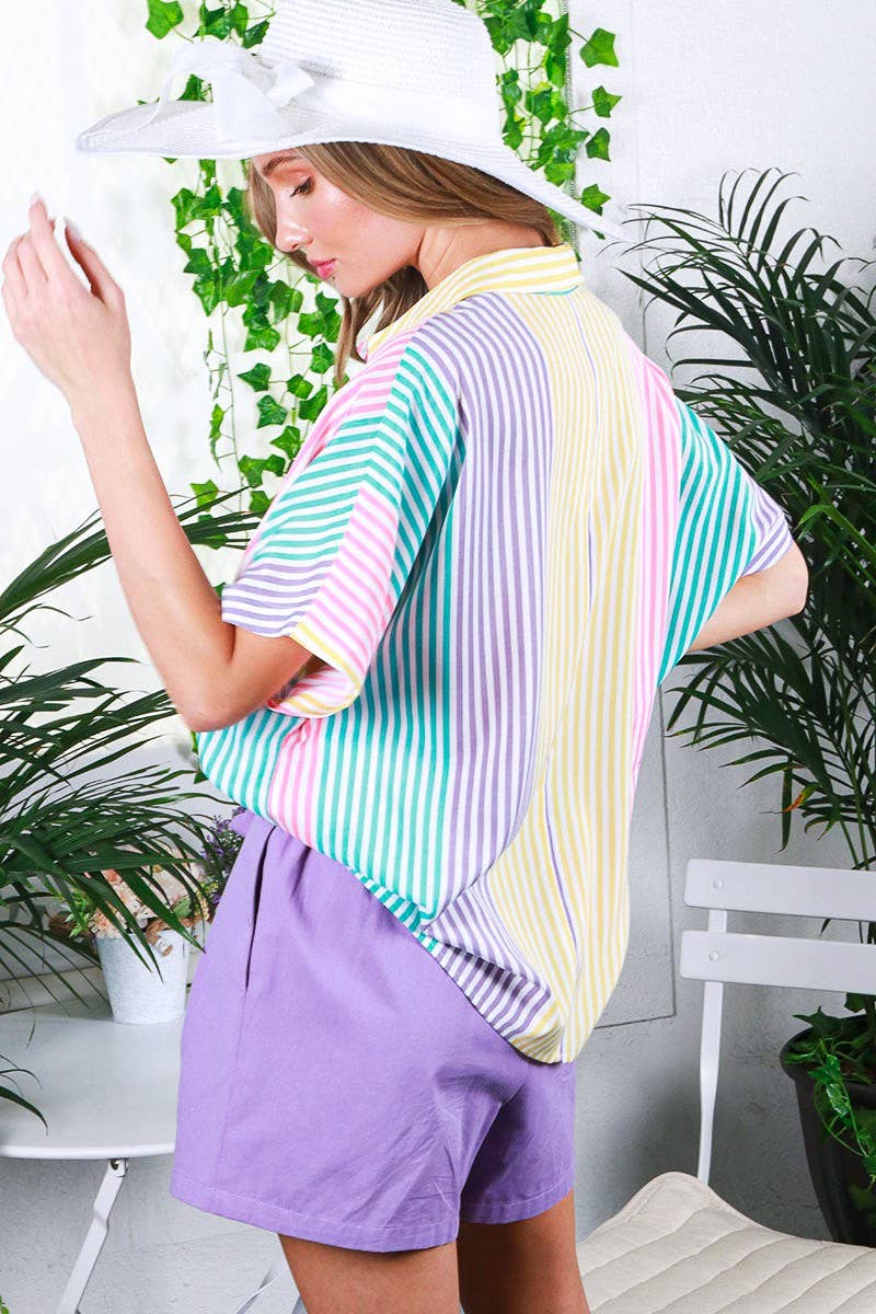 Short sleeve stripe blouse top VT81625A: L / Multi