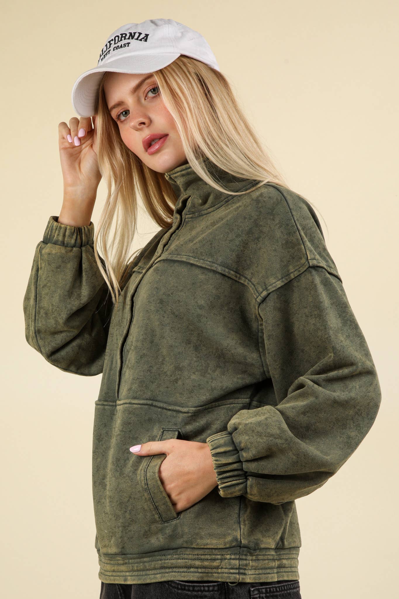 NT11902-Mineral Washed Button Down Knit Sweatshirt Top: DENIM / S-M-L/2-2-2