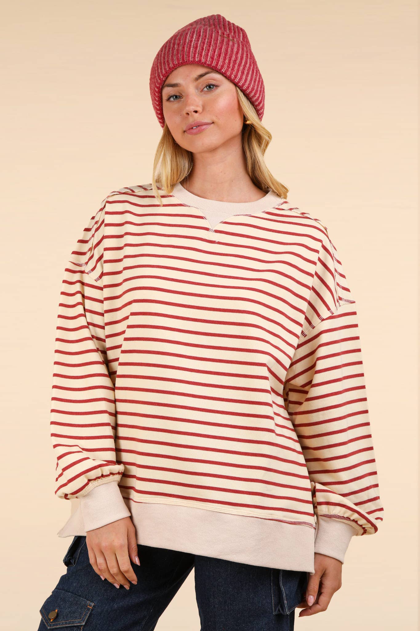 NT11927-Stripe Comfy Casual Oversized Knit Top: BLACK/WHITE / S-M-L/2-2-2