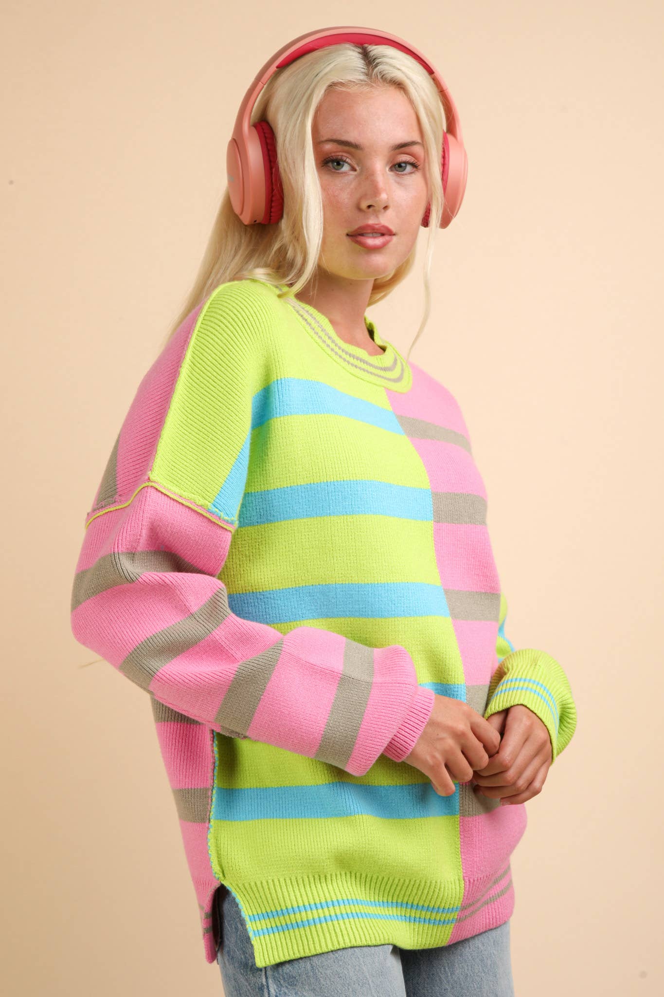 12W3185N-Color Block Oversized Striped Knit Sweater Top: ECRU / S-M-L/2-2-2