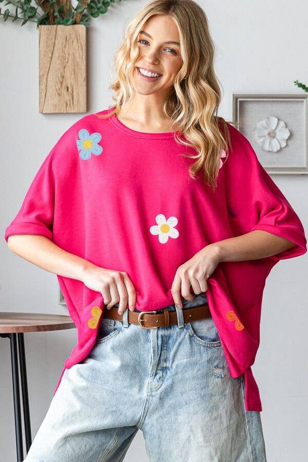 Western Crochet Floral Patch Oversized Top- HT12451 : Blue / L