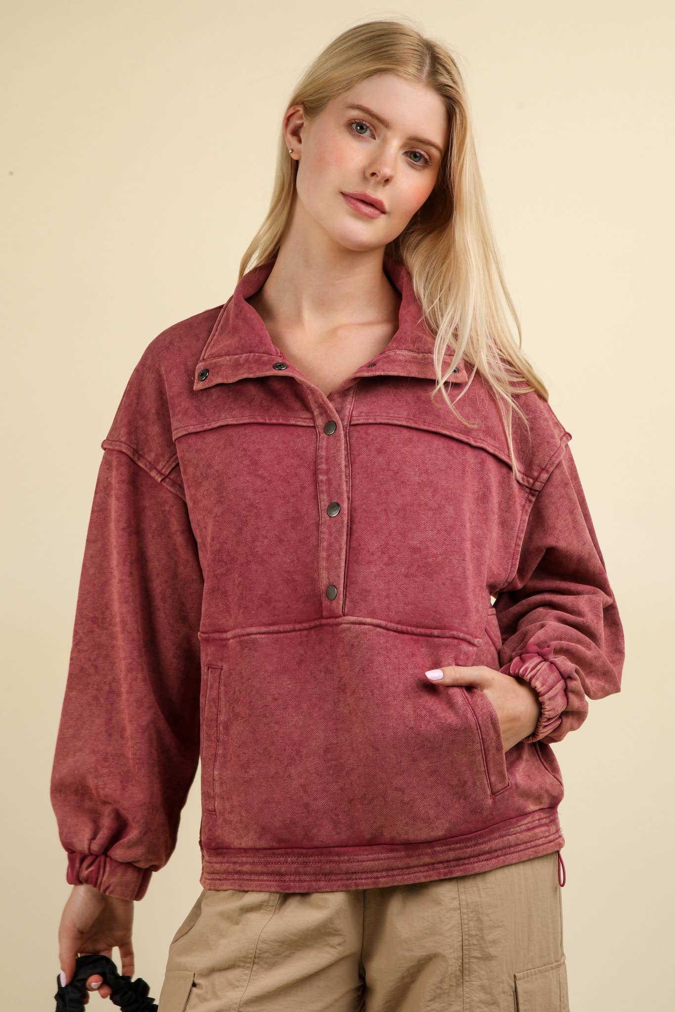 NT11902-Mineral Washed Button Down Knit Sweatshirt Top: DENIM / S-M-L/2-2-2