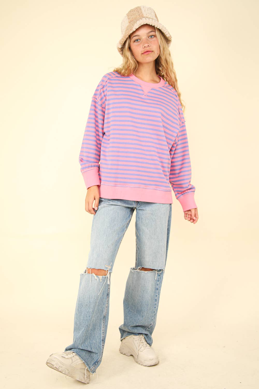 NT11927-Stripe Comfy Casual Oversized Knit Top: BLACK/WHITE / S-M-L/2-2-2