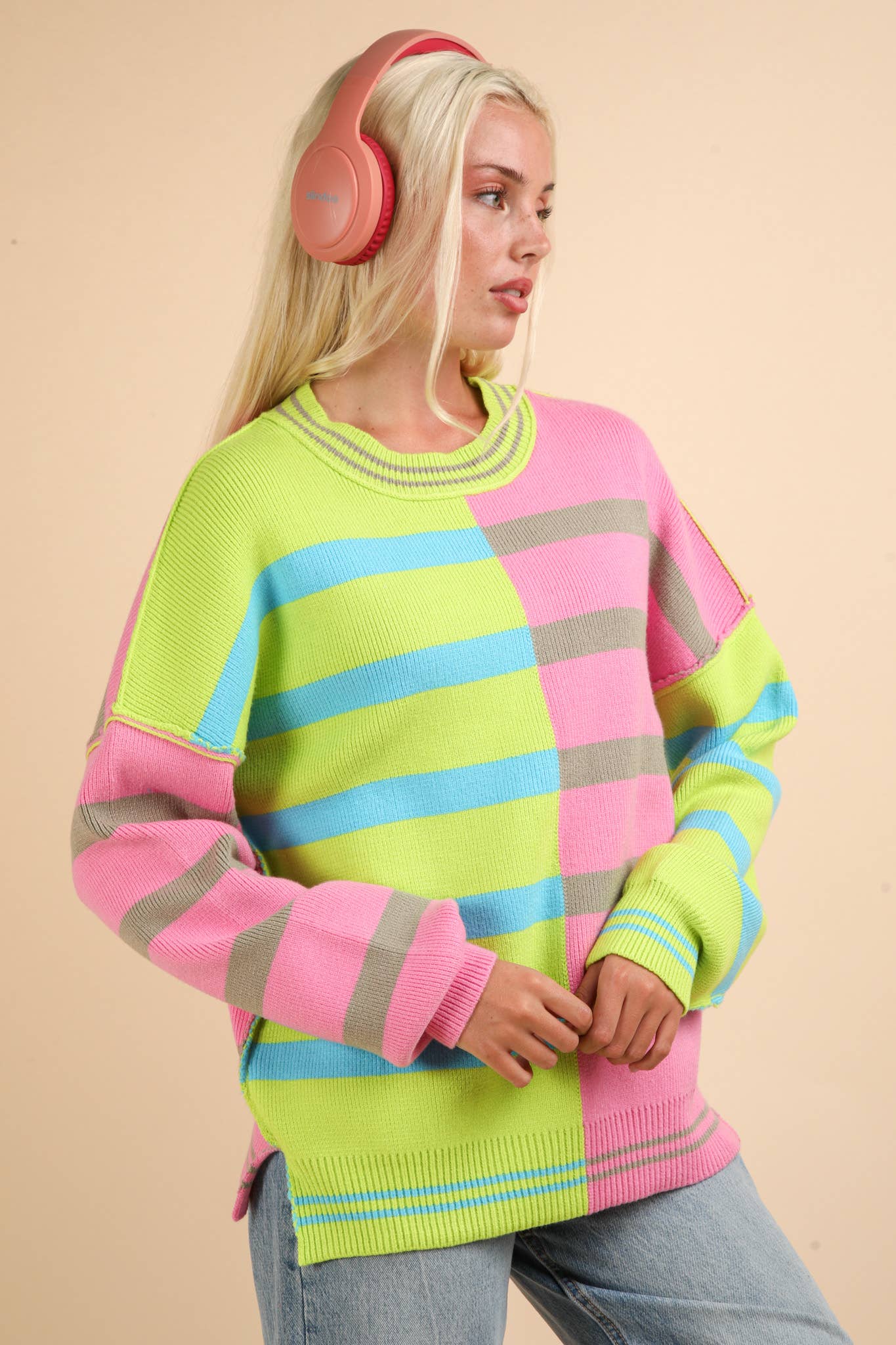 12W3185N-Color Block Oversized Striped Knit Sweater Top: ECRU / S-M-L/2-2-2