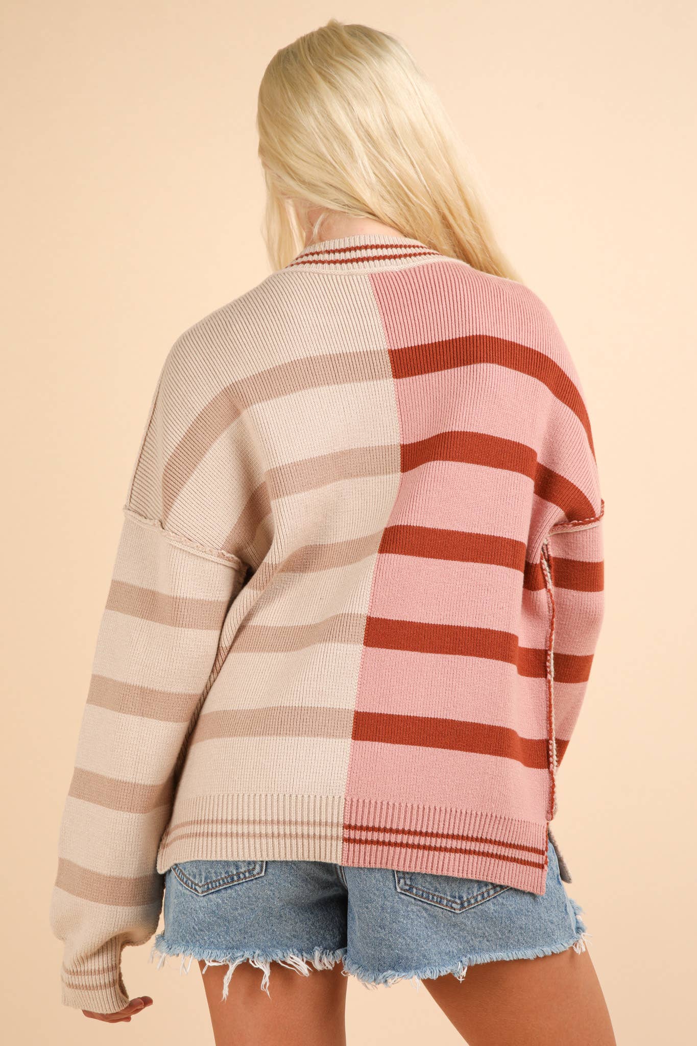 12W3185N-Color Block Oversized Striped Knit Sweater Top: ECRU / S-M-L/2-2-2