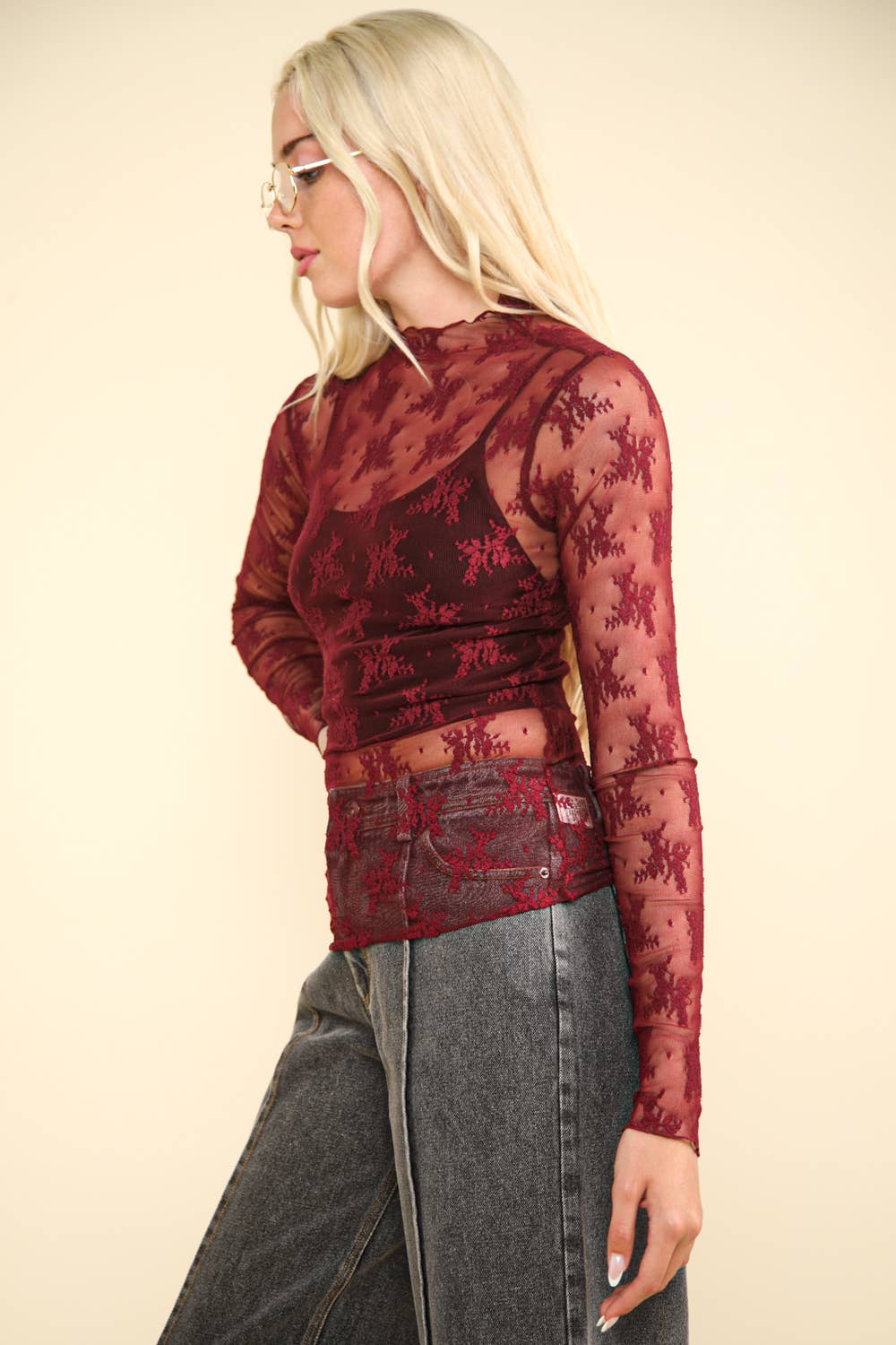 NT11909-High Neck Fitted Sheer Mesh Lace Knit Top: FLORAL BLACK / S-M-L/2-2-2