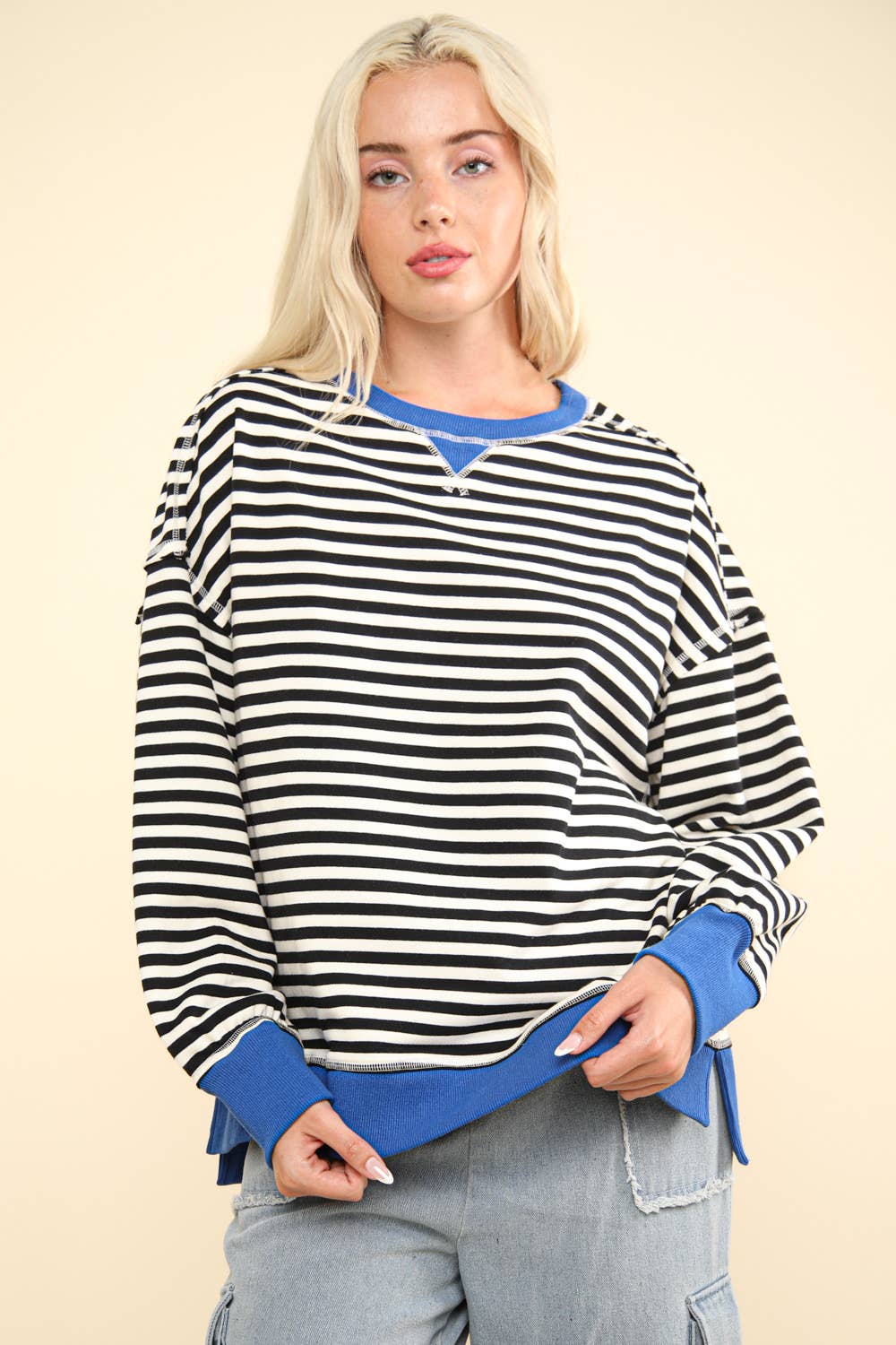 NT11927-Stripe Comfy Casual Oversized Knit Top: BLACK/WHITE / S-M-L/2-2-2
