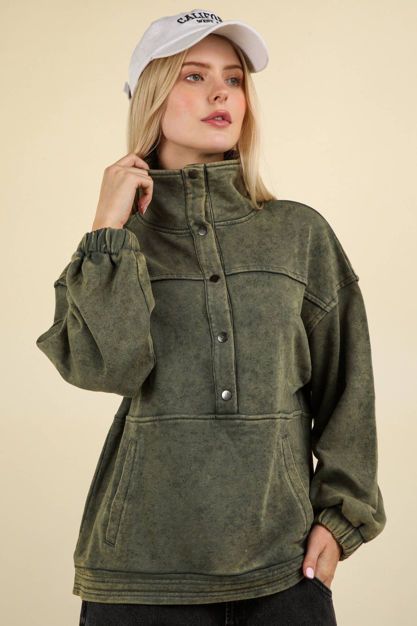 NT11902-Mineral Washed Button Down Knit Sweatshirt Top: DENIM / S-M-L/2-2-2