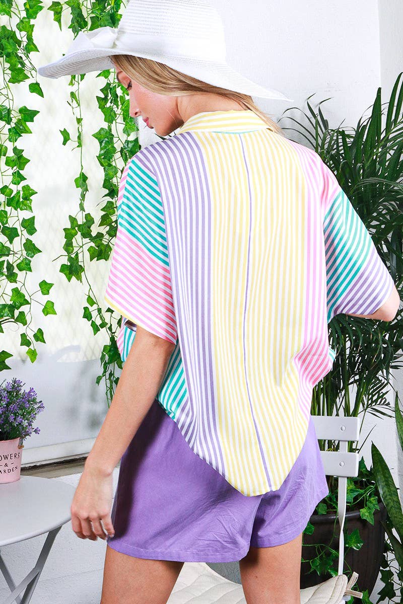 Short sleeve stripe blouse top VT81625A: L / Multi