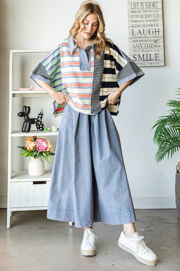 WASHED STRIPE MIX SHORT SLEEVE TOP - JT0415: BLUE / S