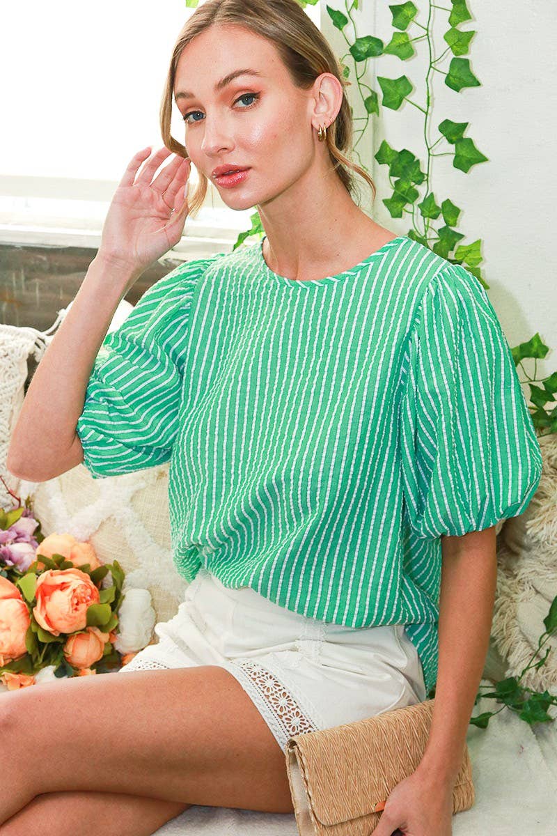 R-neck puff short sleeve stripe seersucker top VT81594A: M / Orange
